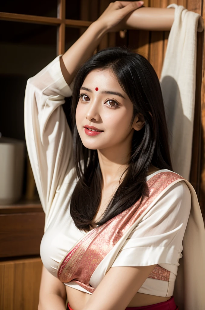 masterpiece, centered, 1 young Indian woman with a cute and radiant face, featuring exquisitely detailed eyes, expressing a mix of shyness and joy, dressed in vibrant traditional Indian attire. She has a slim figure and medium-sized breasts. Generate an 8k image, risbeauty indian,

