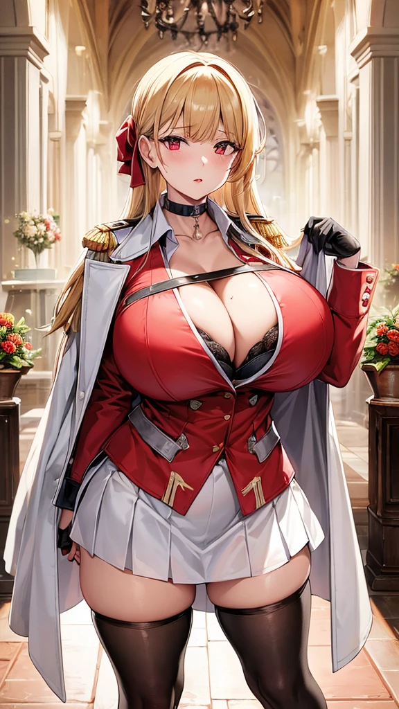 muponarch \(Azur Lane\), \(Azur Lane\), One girl, blupond hair, red eyes, Thick lips, masterpiece, Highest quality, High resolution, ????????????, (Black bra), Bra Peek, View your viewers, expressiuponless, Cleavage, collar bupone, ??????????? army uniform, unbuttuponed shirt, collared shirt, red_army_Jacket, Jacket_upon_shoulder, sleeve_past_wrist, Black gloves, Black Choker, White Skirt, Pleated skirt, Black knee socks, skinny, Pause, Luxurious ballroom, Backlight