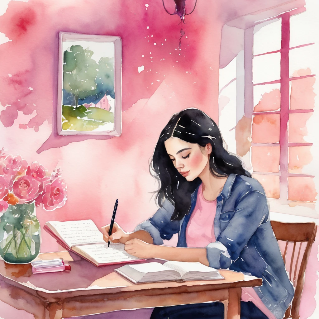 watercolor illustration In the tranquil scene of this image, a young black-haired woman is immersed in her own world, sitting at a desk in a room adorned with a pink wall. She is writing in a notebook, her hand gently holding a pen. The room environment exudes a warm and cozy atmosphere.