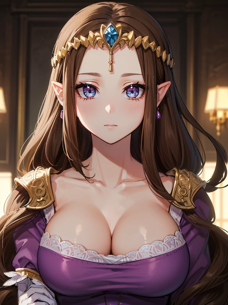 (((Face close-up))),(((No background))),(Expressionless),((()))))),((Upper Body)),((alone)),(())),Anime art style,masterpiece,(Highest quality), (Super detailed),(Very delicate and beautiful),(alone),(detailedな顔と目),Beautiful eyes like jewels,(A truly gorgeous jeweled ruffled rococo ball gown dress),(((Mature Woman,Queen))),((1 Queen in a beautiful embroidery and jeweled absolutely gorgeous rococo ballgown dress with voluminous full length hoop skirt)),((crinoline)),,((Straight hair galore,Very long straight hair with plenty of volume,Super long straight hair)),,Cleavage,(bed),length_gloves,Very gorgeous hair accessory,Sparkling、((((Front Face)))),((((Adult Expressions)))),((((Beautiful Face)))),((((dress)))),(()),(((Long Hair)))),((((Straight hair)))),((Cleavage)),((((Dark brown hair)))),Princess Zelda,((chest is slightly exposed)), ((Highest quality)),,(Very detailed) ,((Purple blouse)),(((Use one hand to push your hair aside))),Brown Hair,(()),, ((Highest quality)), (Very detailed),((detailed)),((())),Nintendo, The Legend of Zelda),,((alone)), ((Highest quality)), (Very detailed), ,