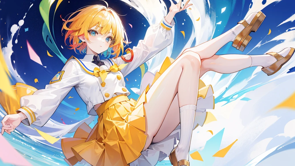Colorful and colorful short hair,Wearing a yellow apricot colored JK uniform and a white pleated skirt,knee-length white silk,Dignified and cute,A little sweet