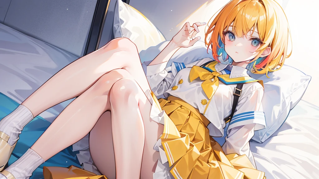 Colorful and colorful short hair，Wearing a yellow apricot colored JK uniform and a white pleated skirt，knee-length white silk，Dignified and cute，A little sweet