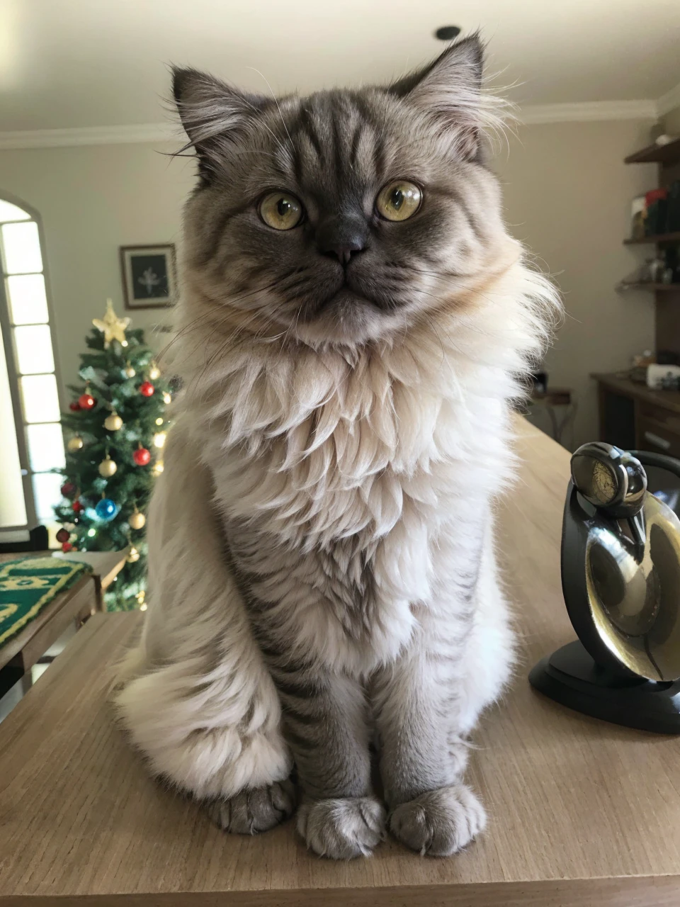 Persian cat, slightly flattened snout, dark gray coat with white roots, honey-colored eyes, easy expression slightly angry, dolce, disney animation, 9 anos, medium size fur, desenho animado fofo, meio arredondado