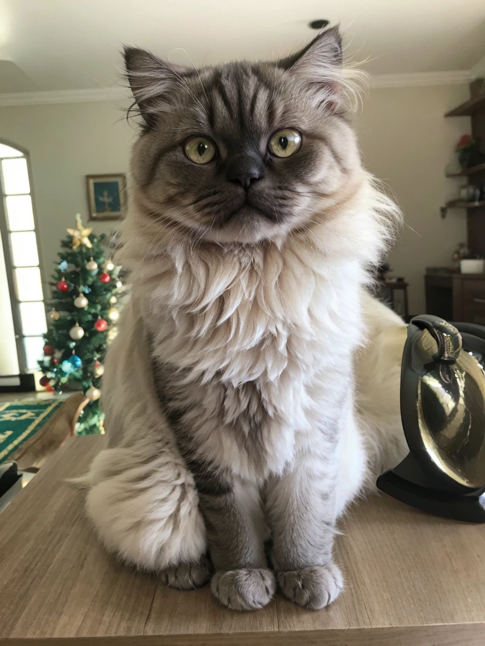 Persian cat, slightly flattened snout, dark gray coat with white roots, honey-colored eyes, easy expression slightly angry, dolce, disney animation, 9 anos, medium size fur, desenho animado fofo, meio arredondado