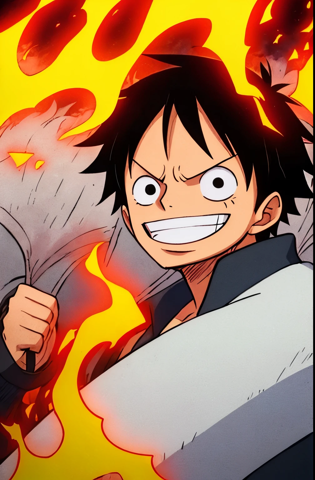 Design an attractive poster featuring Luffy from "One Piece" smiling and confident. Capture the essence of his burning determination and resilient spirit as he unleashes his wrath on his enemies. white hair like delicious fire burning, white fire,
