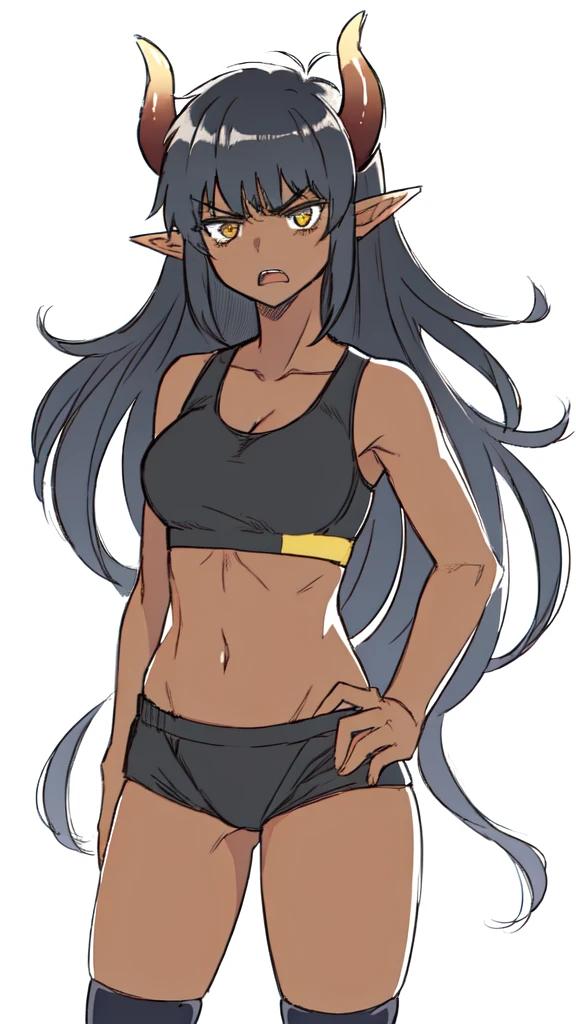 ((1girl,solo,mature female,25s,adult)),medium breasts,long hair, black hair,angry expression,horns,elf ears,black scarf,cleavage,(dark skin),((black sports bra, midriff)),white background