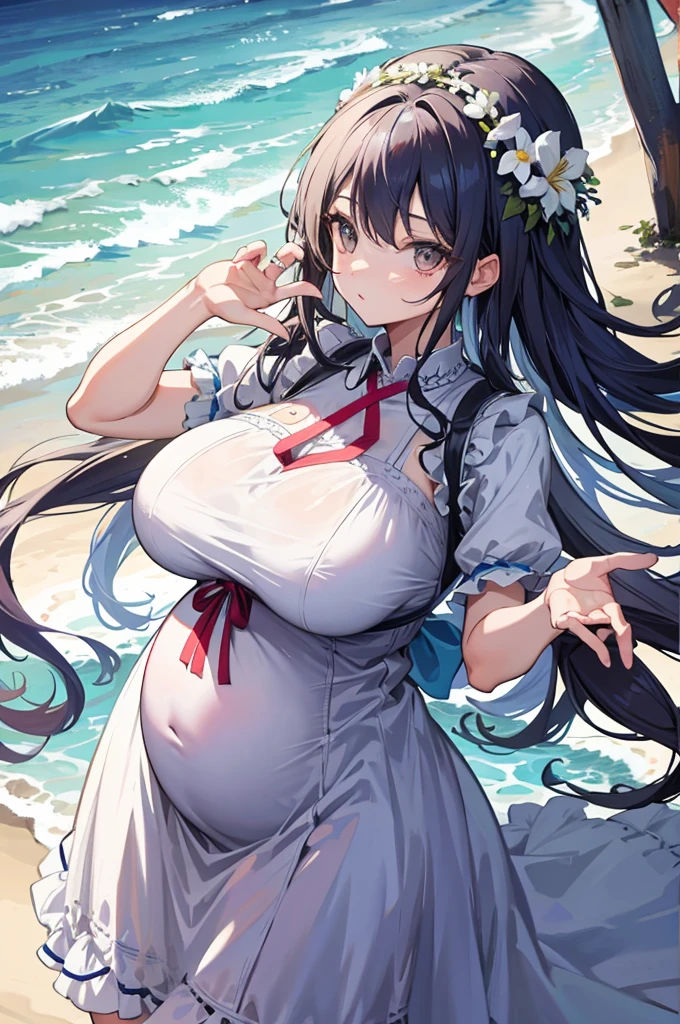 1 Girl，seaside、Dress，Long hair，Huge breasts，Pregnant