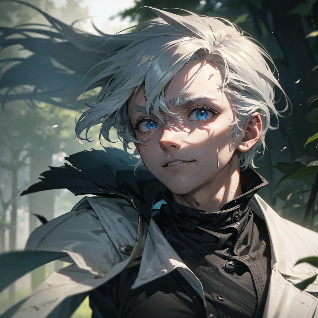 A highly detailed closeup shot of an injured guy with a bloodied face and striking blue eyes, white hair, looking directly into the camera with a sinister, evil smile. The background is a blurred, peaceful nature scene with lush greenery and gentle sunlight, emphasizing his intense expression and the severity of his injuries. Created Using: intricate shading techniques, hyper-realistic textures, dramatic lighting, cinematic effect, hd quality