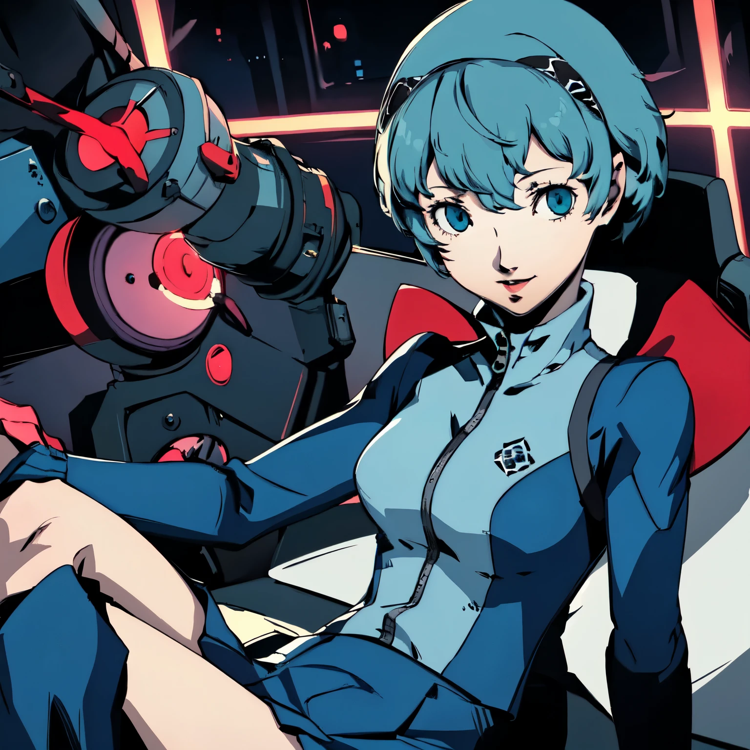 ((P3 Yamagishi Fuuka)),masterpiece, ((best quality)),((1 girl)), blue eyes, light aqua hair, female , tomboy Pixie haircut, deep blue suit,smiling,hacker,in the,dark room,sitting,looking monitor,long skirt,sexy,
