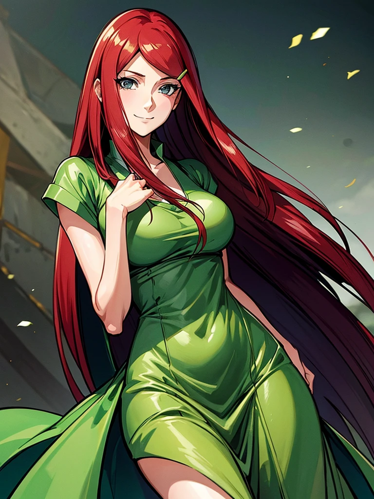 uzumaki_kushina, large_breasts, standing, solo, kushina_green_dress, masterpiece, best quality, detailed face, detailed eyes, highres, smile, (masterpiece:1.4, best quality:1.2), (Highres), (Detailed Illustration), Ultra-Detailed, konohagakure, uzumaki_kushina, kushina_green_dress, standing straight, looking in front,