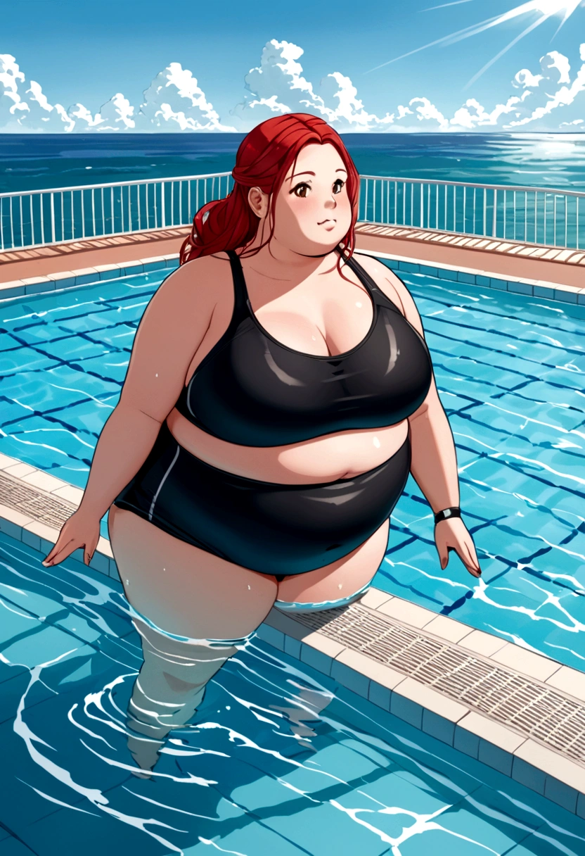 Obese girl doing aquafitness in a pool overlooking the ocean, with black swimsuit and red hair