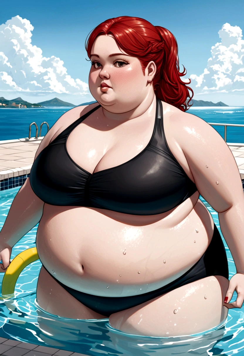 Obese girl doing aquafitness in a pool overlooking the ocean, with black swimsuit and red hair
