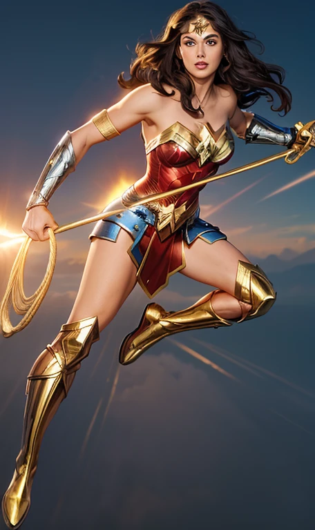 The actress Ana de Armas as The character Wonder Woman flying in the skies,holding the golden and shiny rope, Holding your shiny golden bow, perfect costume, soft curves, bright blue eyes and gorgeous
