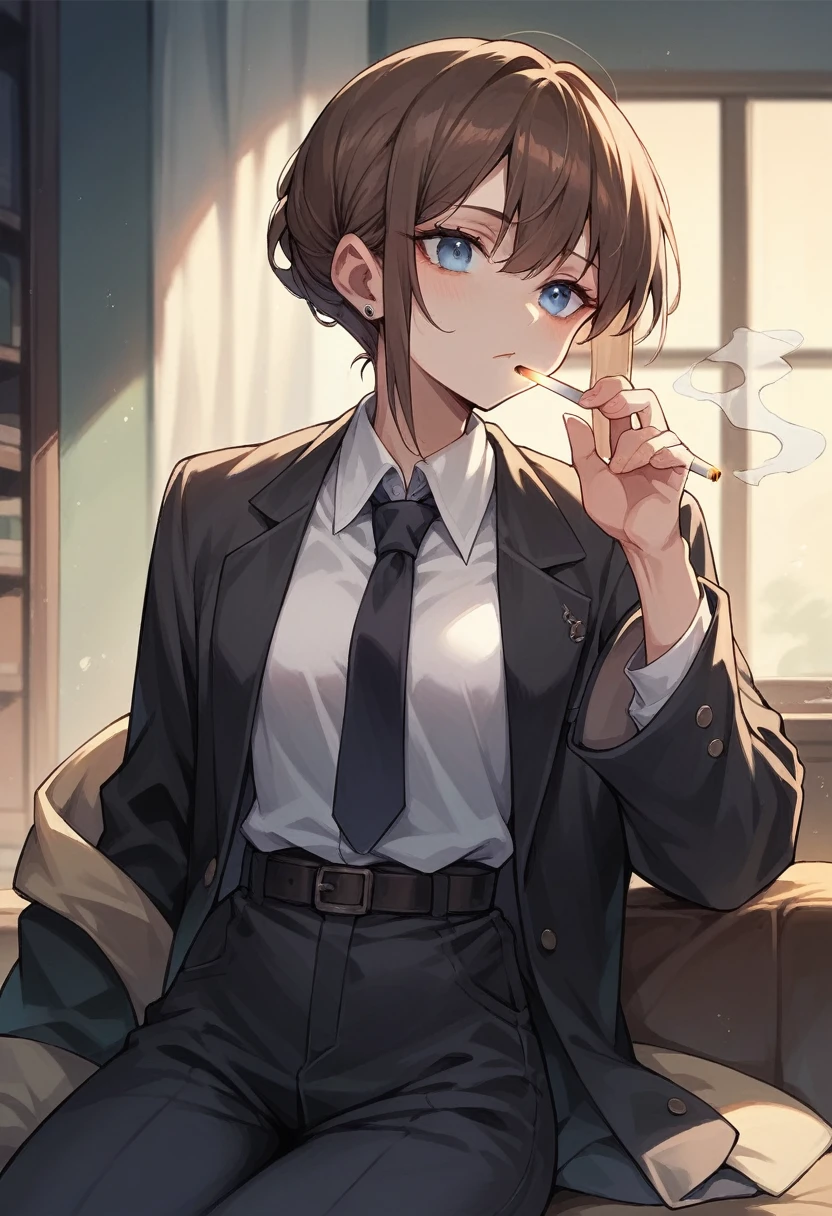 A young woman with Brown hair, blue eyes, a black suit stood with her back turned half-face smoking a cigarette in his room at night.