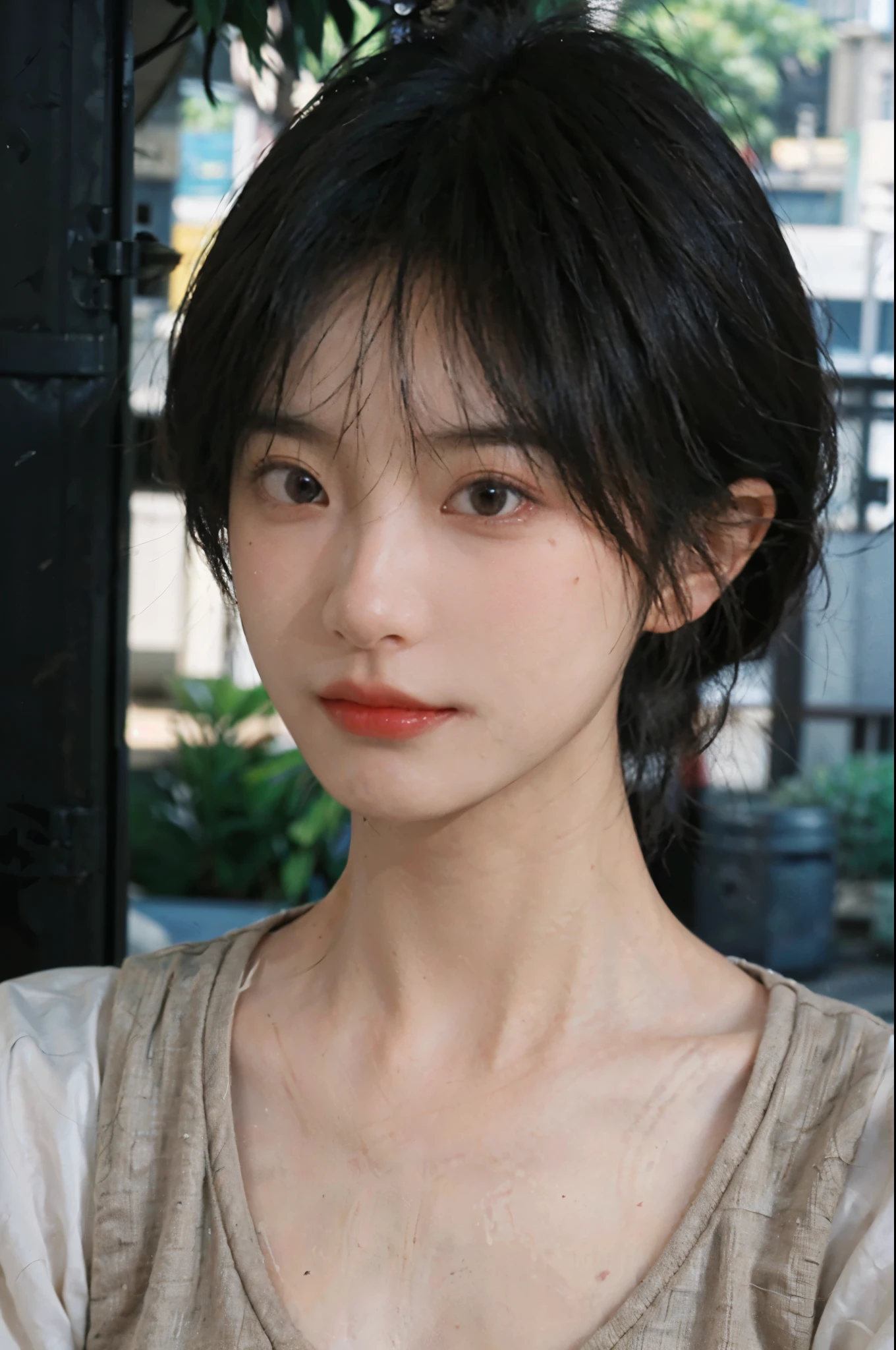 (Skin details:1.4), (smooth skin textures:1.3), Lipstick, background, Direct vision, earrings, serene, calm, (Realistic and detailed eyes:1.2), Natural skin texture, Realistic facial details, Soft dramatic lighting, Vivid details, 35 mm film, outdoor, (Photo Practical:1.4), (hyper Practical:1.4), (Practical:1.3), (Smoother lighting:1.05), (Improve lighting quality:0.9), (Highest quality real skin textures:1.4), Exquisite eyes, Delicate face, Close-up of face, (Enhance the beauty of skin texture:1.1), Hair details, Vest,normal body ratio, short hair, Moles under the eyes, thinking, A faint smile,户外background,Portrait Photography, Depth of Field, Bokeh, Surrealism, Ray Tracing, (Portrait Photography:1.1), Surrealism, High Detail, Chiaroscuro, Ray Tracing, reflected light, Ultra HD, Ultra HD, masterpiece, Textured Skin, Super Detail, High Detail, high quality, best quality