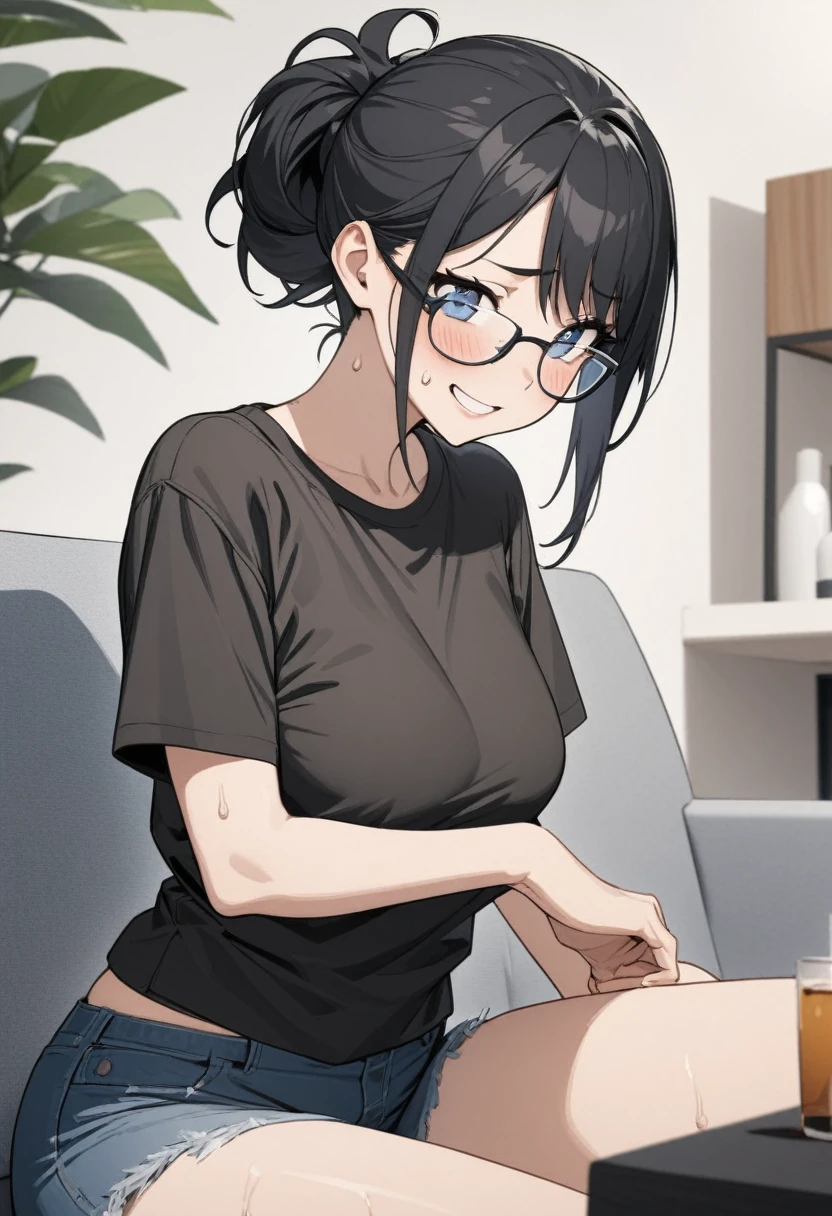 Adult female, highly detailed, glasses, short black hair wolf cut style tied back, blue eyes, smile, living room,  black shirt, jeans, perfect eyes, high quality, best quality, sitting on couch, nervous, sweat