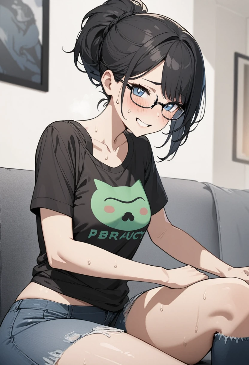 Draw a character in the animated art style of Kimetsu no Yaiba/, with a vibrant and expressive appearance. Exaggerated features are essential, like big cyan eyes, a subtle and , and a straight posture. The character must have black hair and be wearing a tight skirt. The composition must include a side angle, with a simple background so as not to distract from the main figure. The design must be beautiful and captivating, reflecting the lively and expressive style of the Cartoon universe. Cute expression glasses