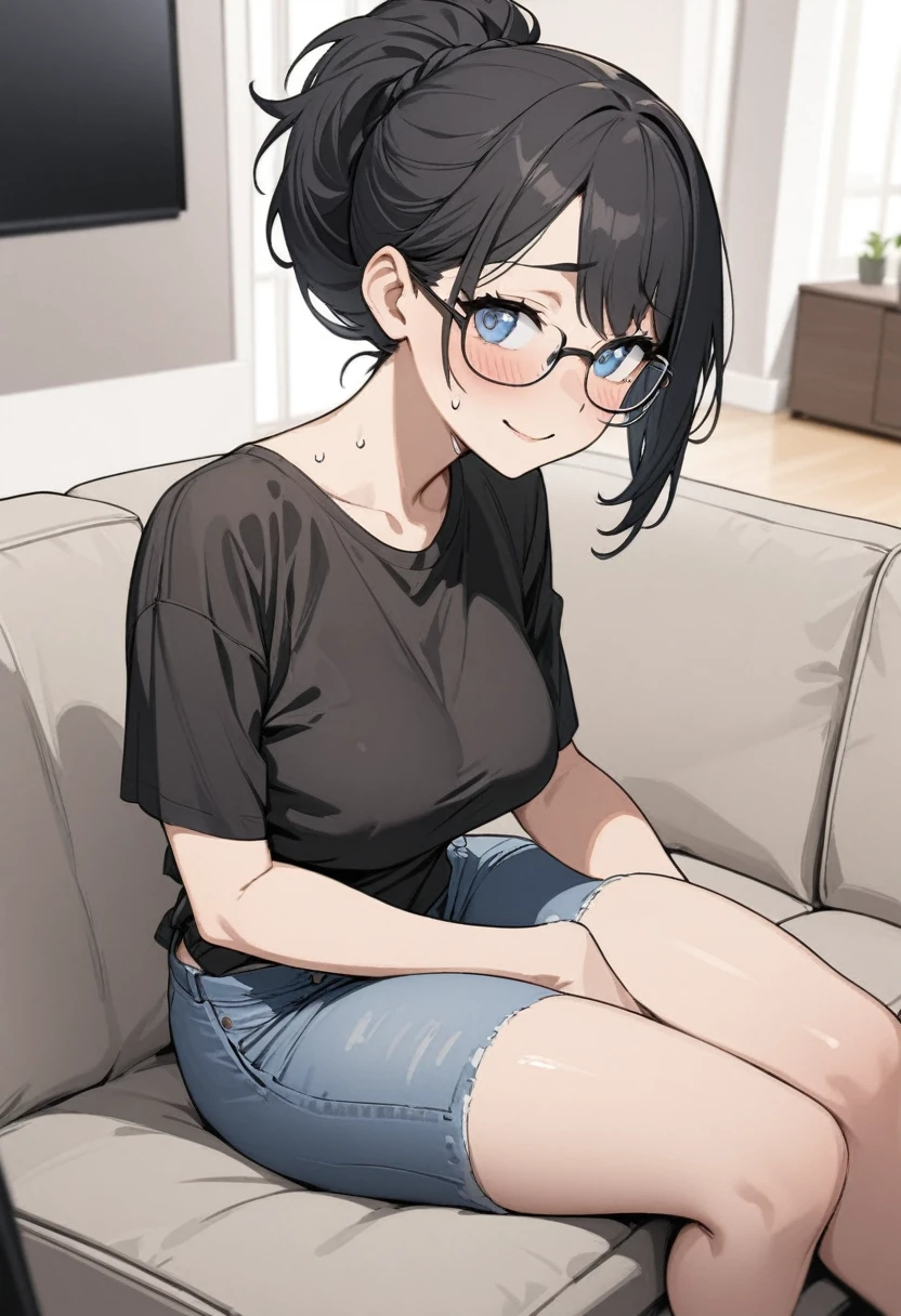 Adult female, highly detailed, glasses, short black hair wolf cut style tied back, blue eyes, smile, living room, black shirt, jeans, perfect eyes, high quality, best quality, sitting on couch, nervous, sweat