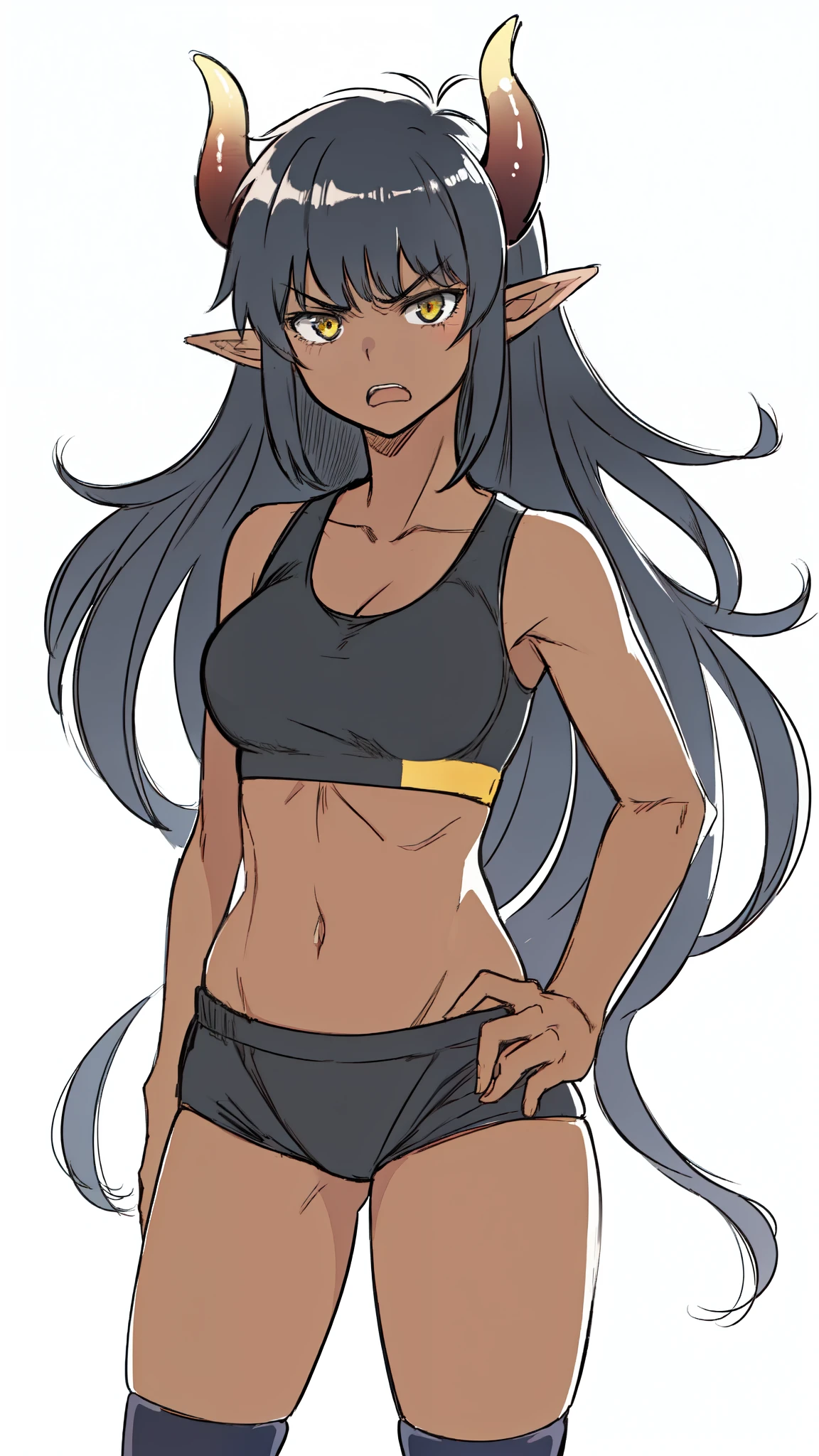 ((1girl,solo,mature female,25s,adult)),medium breasts,long hair, black hair,angry expression,horns,elf ears,black scarf,cleavage,(dark skin),((black sports bra, midriff)),white background