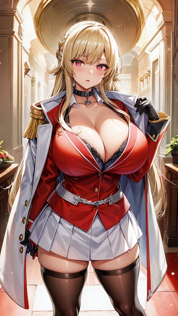 muponarch \(Azur Lane\), \(Azur Lane\), One girl, blupond hair, red eyes, Thick lips, masterpiece, Highest quality, High resolution, Huge breasts, (Black bra), Bra Peek, View your viewers, expressiuponless, Cleavage, collar bupone, tight white army uniform, unbuttuponed shirt, collared shirt, red_army_Jacket, Jacket_upon_shoulder, sleeve_past_wrist, Black gloves, Black Choker, White Skirt, Pleated skirt, Black knee socks, skinny, Pause, Luxurious ballroom, Backlight