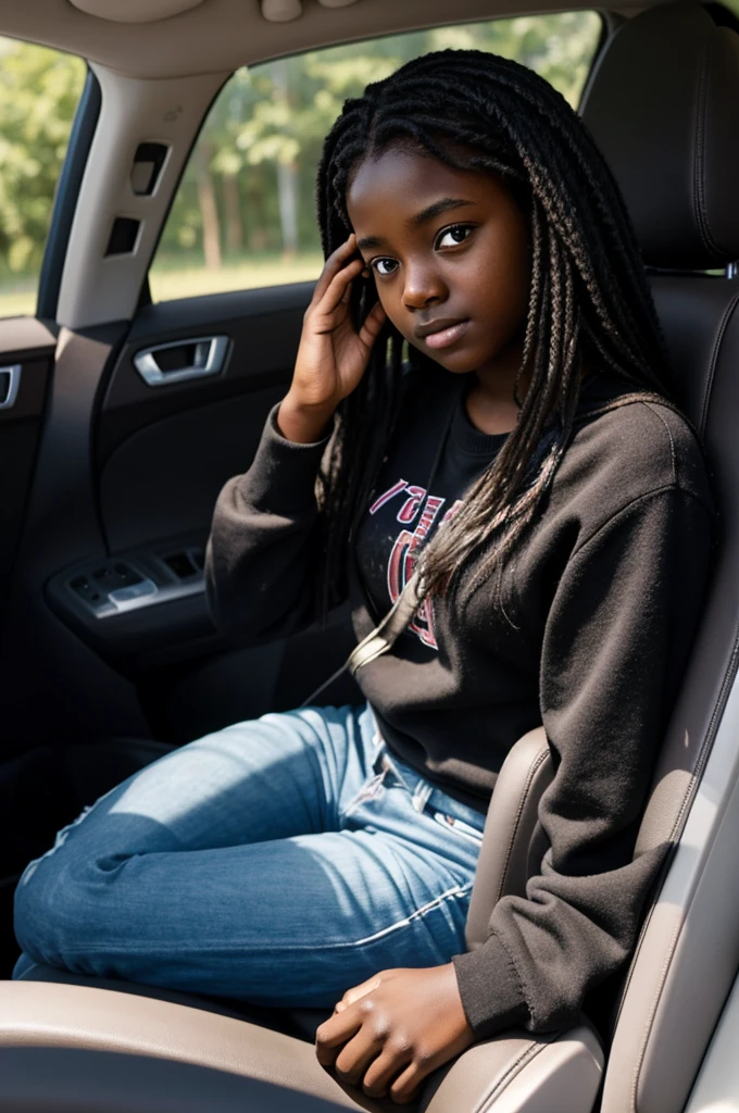 A dark-skinned ager was sitting in the back seat of a room._I was sad_crossed hands_anime