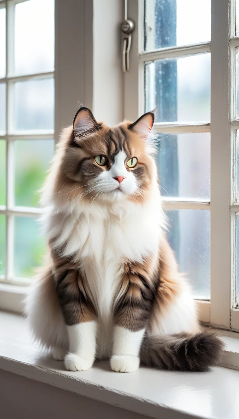 Fluffy cat sitting on a windowsill, high quality, masterpiece