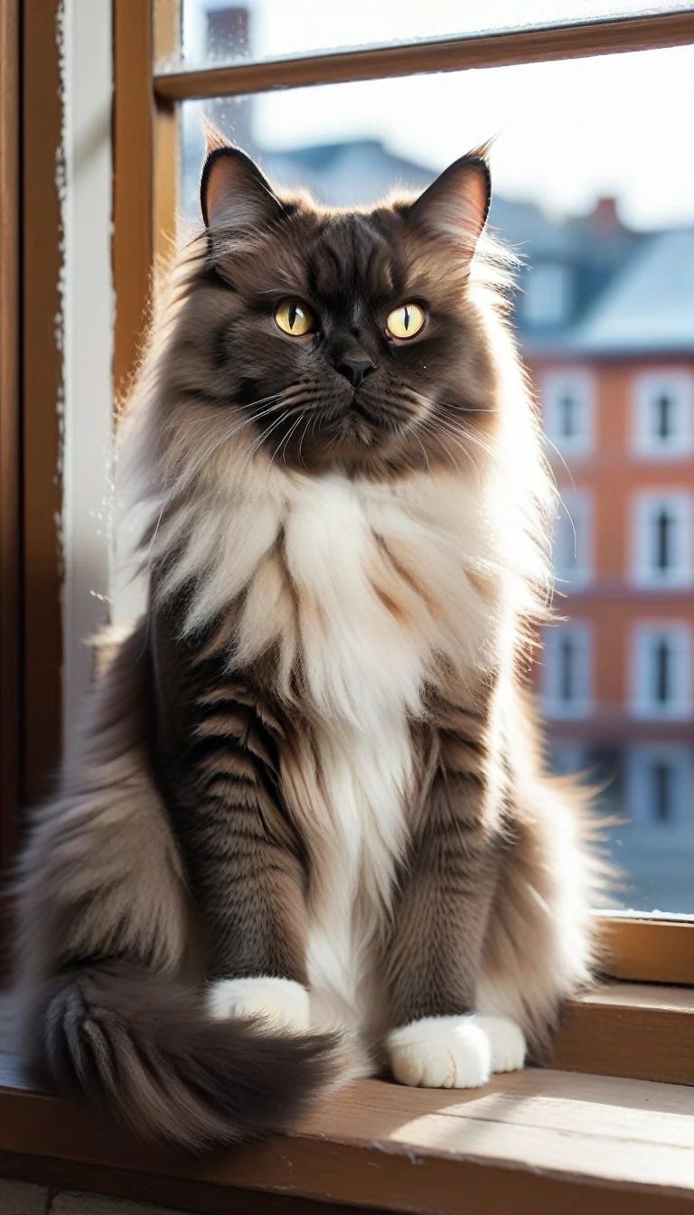 Fluffy cat sitting on a windowsill, high quality, masterpiece