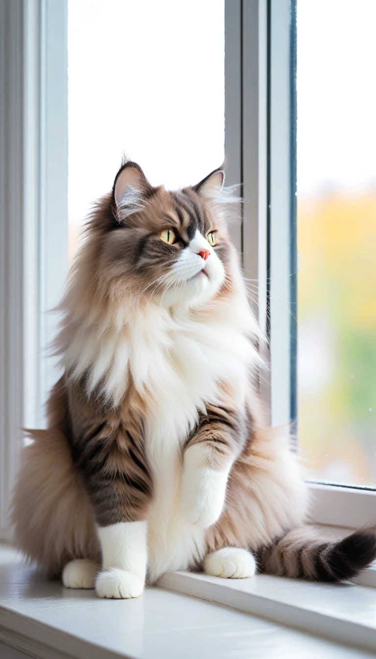 Fluffy cat sitting on a windowsill, high quality, masterpiece