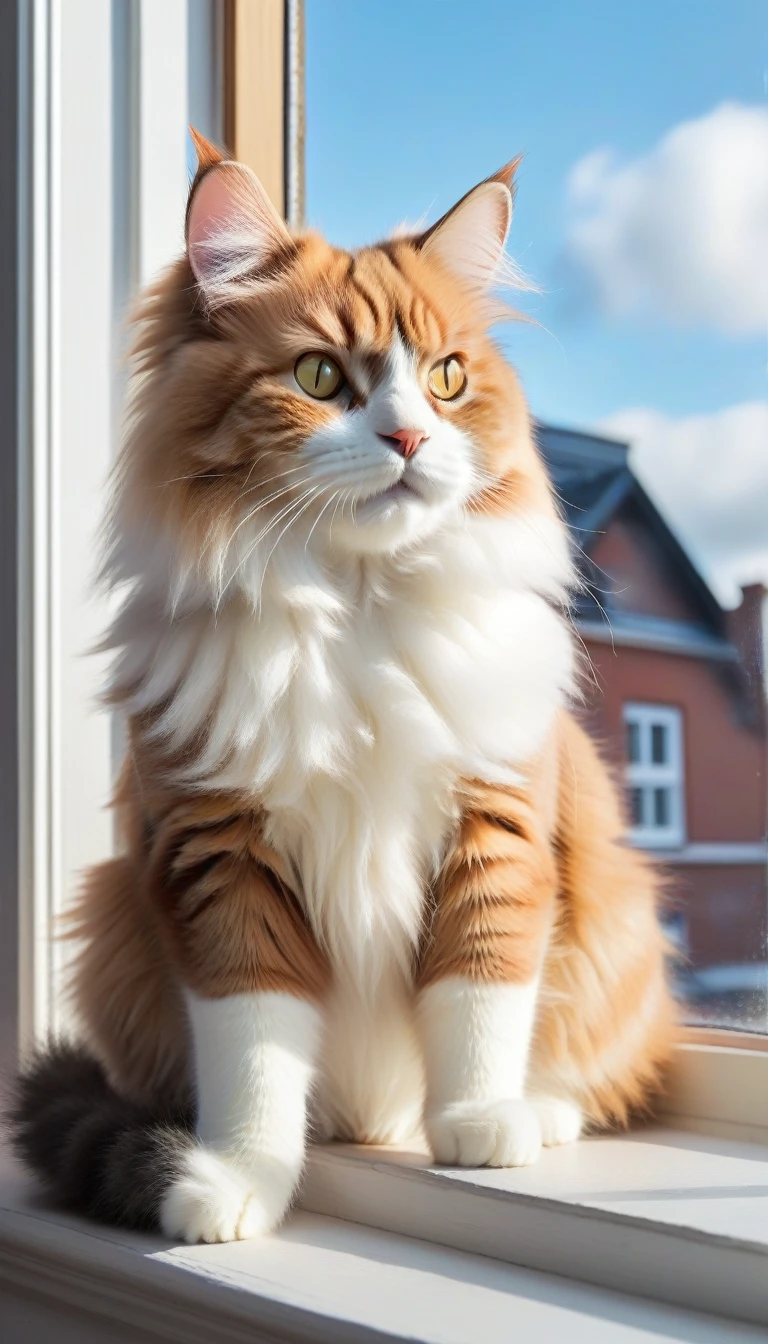 Fluffy cat sitting on a windowsill, high quality, masterpiece