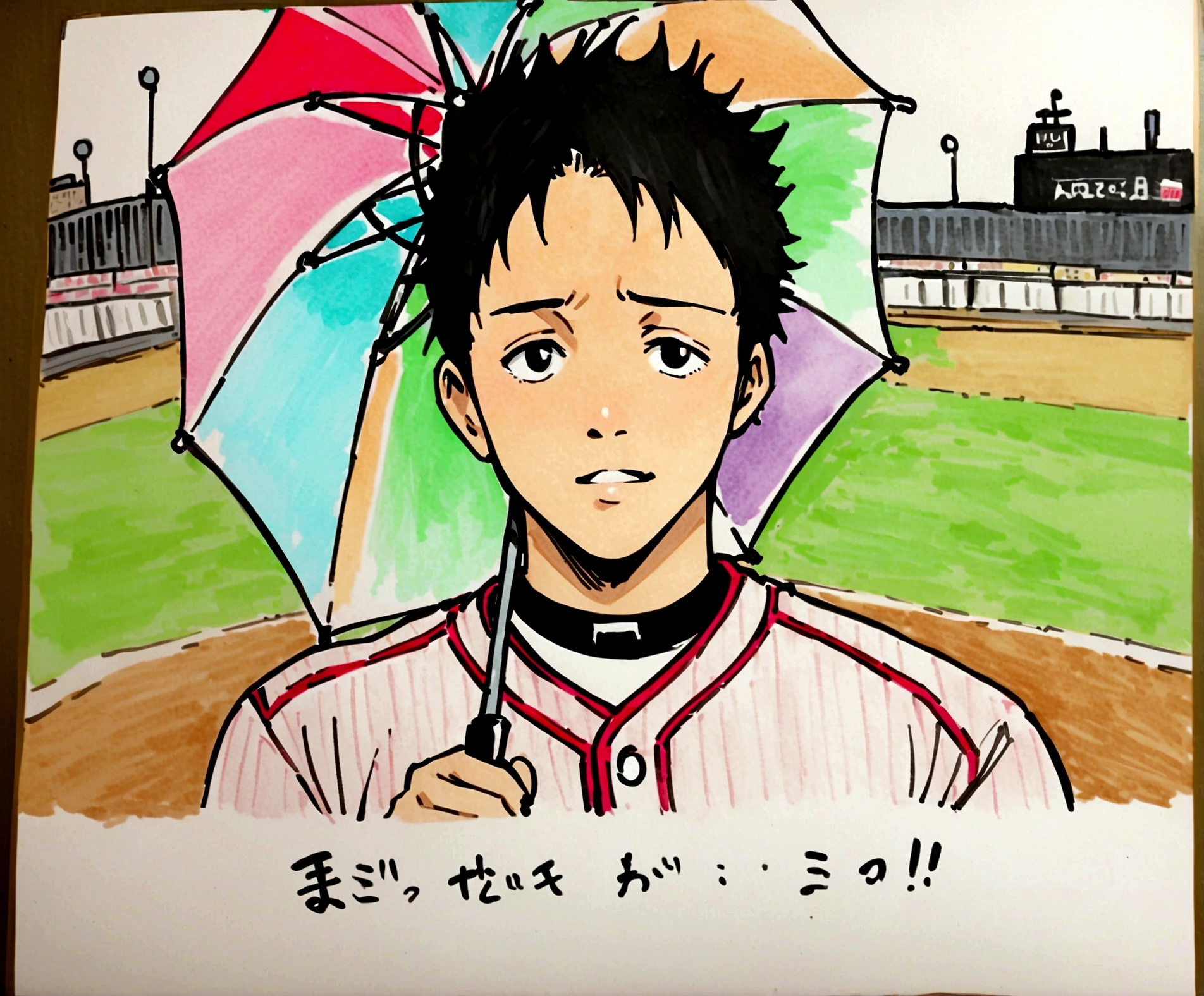 solo, looking at viewer, black hair, 1boy, male focus, black eyes, umbrella, traditional media, parody, thinning hair, baseball uniform, umbrella, baseball Ground