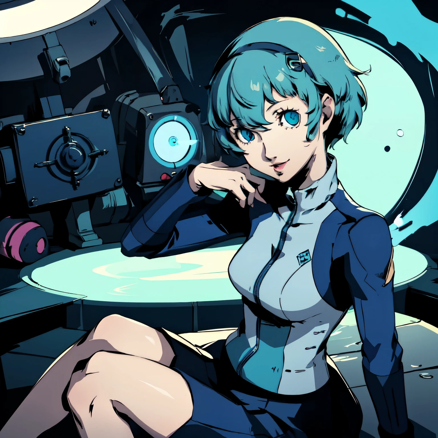 ((P3 Yamagishi Fuuka)),masterpiece, ((best quality)),((1 girl)), blue eyes, light aqua hair, female , tomboy Pixie haircut, deep blue suit,smiling,hacker,in the,dark room,sitting,looking monitor,long skirt,sexy,
