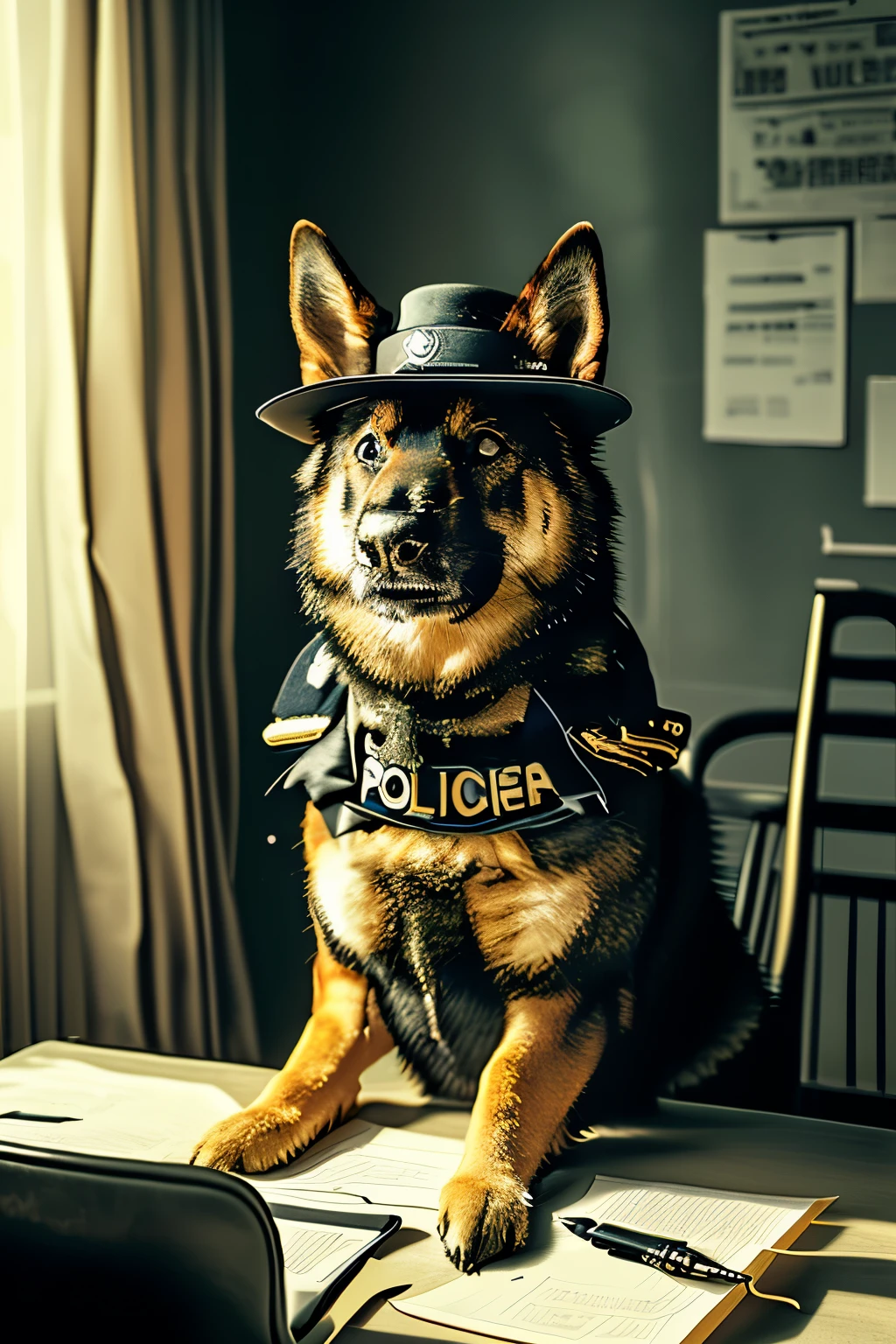 Generate an image of a scene where a German Shepherd police officer is interrogating a Shiba Inu suspect. The German Shepherd should be dressed in a police uniform, complete with a hat and badge, sitting behind a desk in a typical police interrogation room. The Shiba Inu should look nervous or guilty, sitting on a chair opposite the desk. The room should have a dim, serious atmosphere with a single overhead light illuminating the scene, casting shadows. Include details such as a notepad, a pen, and some case files on the desk.