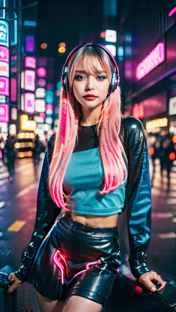 masterpiece, Highest quality, 4K, Realistic,1 perfect portrait of a cute girl, (A fascinating eye for perfect detail:1.2), Silver Hair, (Gradient Hair), (Neon blue and pink soft long hair:1.6), (Wearing headphones:1.2),  (Harajuku Fashion), Cinema Lighting, Larger clothes, (Seductive pose:1.4), (Cyberpunk night background:1.6), Beautiful Blue Eyes, close,