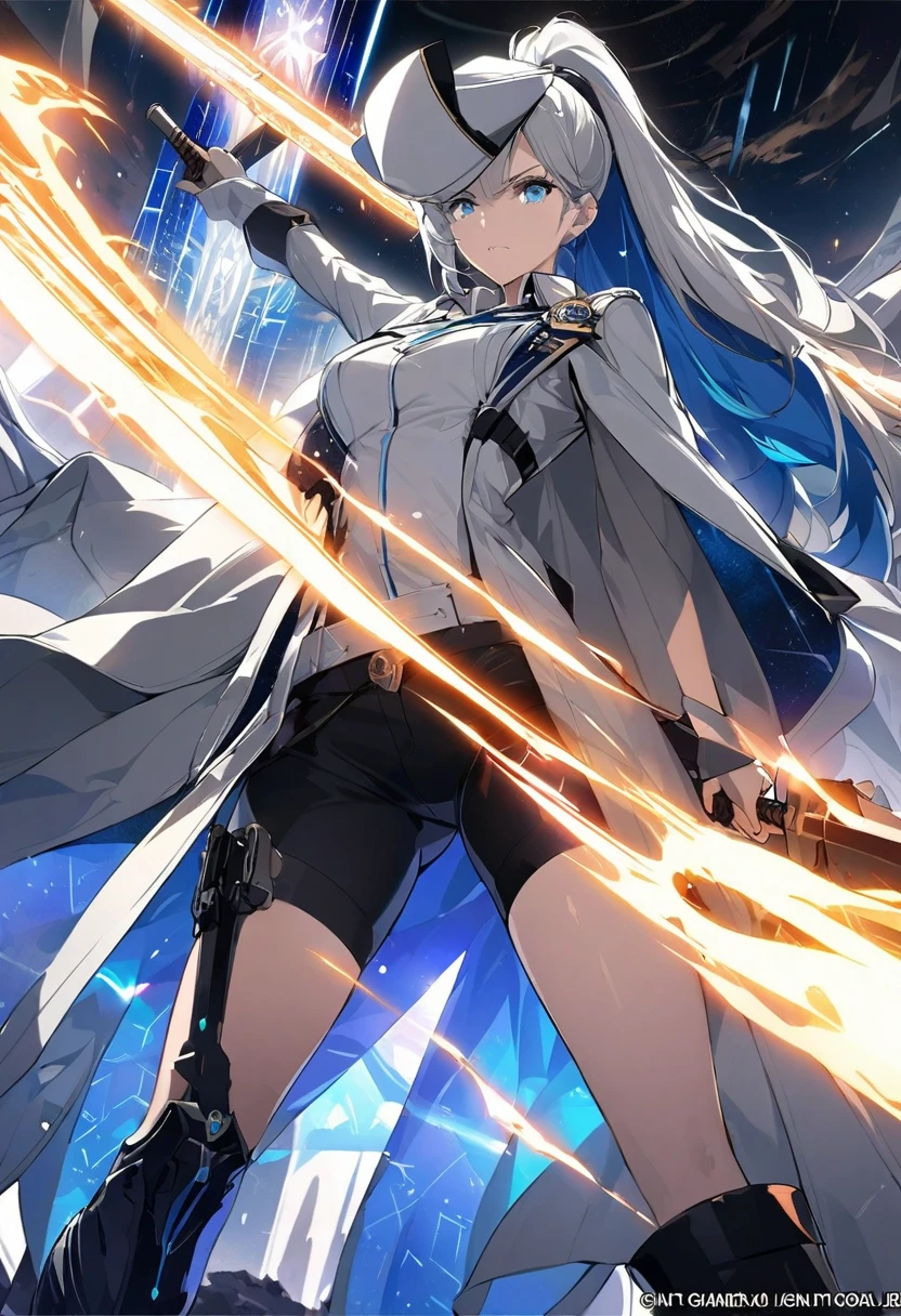 A female commander standing amidst an intergalactic battlefield, White high ponytail with a glowing light blue highlights at the ends. Wielding a sword with deep blue aura. Wearing Black shorts exposing the thighs, with two rings on the left leg and a blue inner layer. A White and gray trench coat with a badge on the left, and a captain hat, a long dark boots.detailed art, beautiful, high contrast, lens flare. A binary stars in the background.