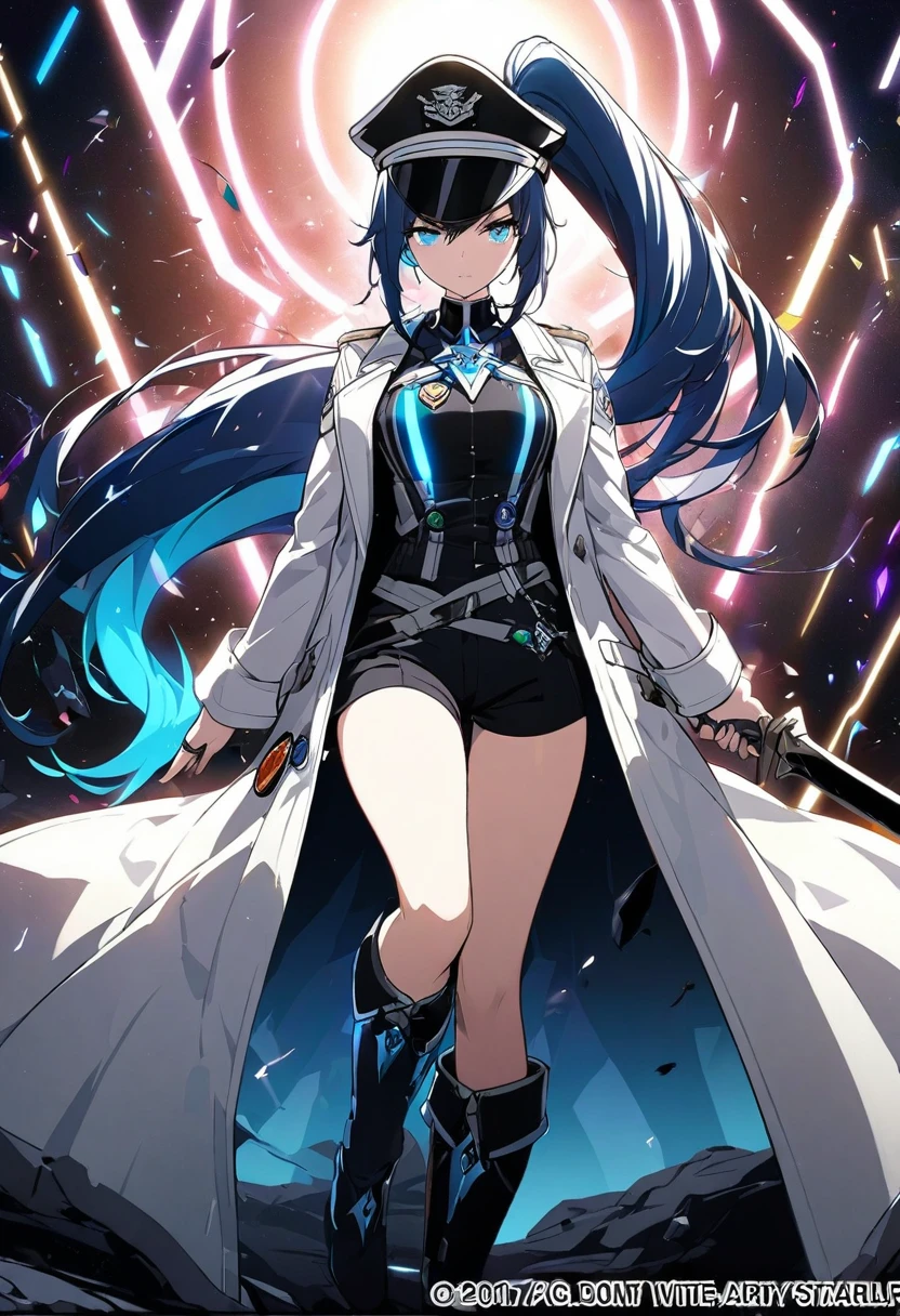 A female commander standing amidst an intergalactic battlefield, White high ponytail with a glowing light blue highlights at the ends. Wielding a sword with deep blue aura. Wearing Black shorts exposing the thighs, with two rings on the left leg and a blue inner layer. A White and gray trench coat with a badge on the left, and a captain hat, a long dark boots.detailed art, beautiful, high contrast, lens flare. A binary stars in the background.