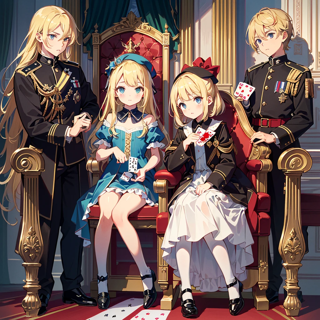 (((Masterpiece, highest quality, 8K))), Living Alice in Wonderland (Queen of Hearts Castle, Queen's Chair) ((1 girl (Alice's clothes, blonde, 5 year old girl)) Bullish expression , small, young, flat chest, round face, young, small: 1.25), (baby face), (short limbs): 1.3), from the side, (((sits in the Queen's chair in the castle of hearts, playing cards on the left and right) Soldiers line up with spears)), wide shot, full body shot