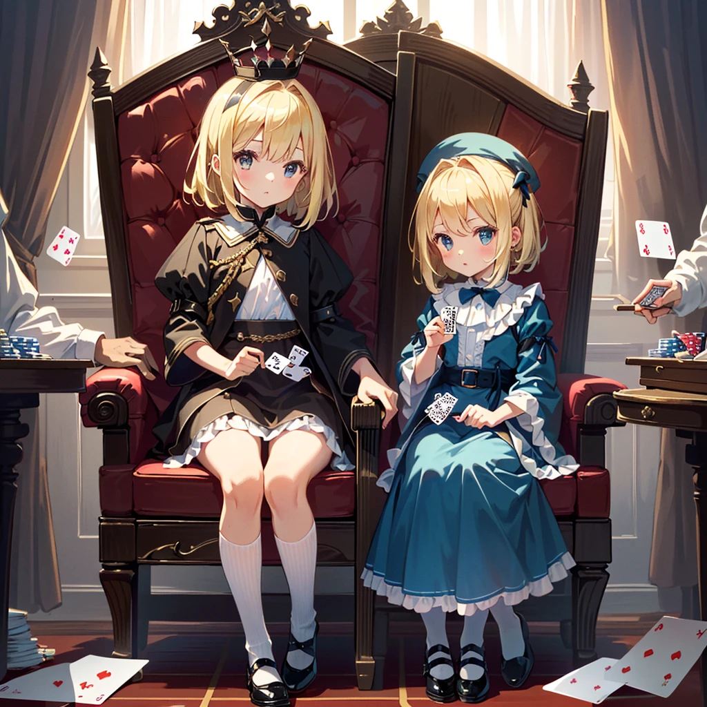 (((Masterpiece, highest quality, 8K))), Living Alice in Wonderland (Queen of Hearts Castle, Queen's Chair) ((1 girl (Alice's clothes, blonde, 5 year old girl)) Bullish expression , small, young, flat chest, round face, young, small: 1.25), (baby face), (short limbs): 1.3), from the side, (((sits in the Queen's chair in the castle of hearts, playing cards on the left and right) Soldiers line up with spears)), wide shot, full body shot