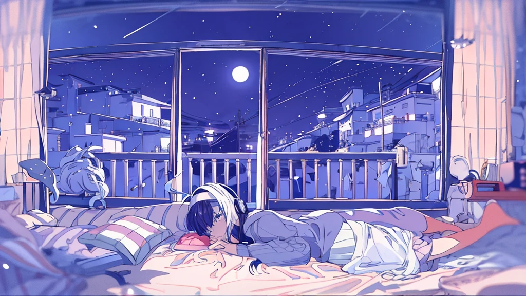 Detailed anime girls, clad in large sweaters, don headband headphones, basking in the praises of admirers. The quiet ambiance, enveloped in a tranquil atmosphere, contrasts the sudden exclamation of "That's horrible!" as she gazes out of her bedroom window into the stillness of the night. A feline companion perched beside her completes this masterpiece of the highest quality.
