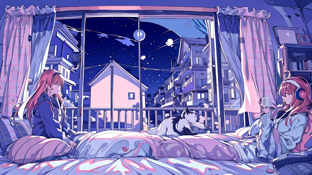 Detailed anime girls, clad in large sweaters, don headband headphones, basking in the praises of admirers. The quiet ambiance, enveloped in a tranquil atmosphere, contrasts the sudden exclamation of "That's horrible!" as she gazes out of her bedroom window into the stillness of the night. A feline companion perched beside her completes this masterpiece of the highest quality.