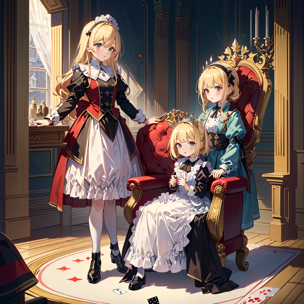 (((Masterpiece, highest quality, 8K))), Living Alice in Wonderland (Queen of Hearts Castle, Queen's Chair) ((1 girl (Alice's clothes, blonde, 5 year old girl)) Bullish expression , small, young, flat chest, round face, young, small: 1.25), (baby face), (short limbs): 1.3), from the side, (((sits in the Queen's chair in the castle of hearts, playing cards on the left and right) Soldiers line up with spears)), wide shot, full body shot