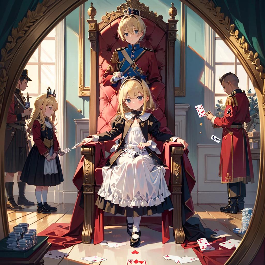 (((Masterpiece, highest quality, 8K))), Living Alice in Wonderland (Queen of Hearts Castle, Queen's Chair) ((1 girl (Alice's clothes, blonde, 5 year old girl)) Bullish expression , small, young, flat chest, round face, young, small: 1.25), (baby face), (short limbs): 1.3), from the side, (((sits in the Queen's chair in the castle of hearts, playing cards on the left and right) Soldiers line up with spears)), wide shot, full body shot