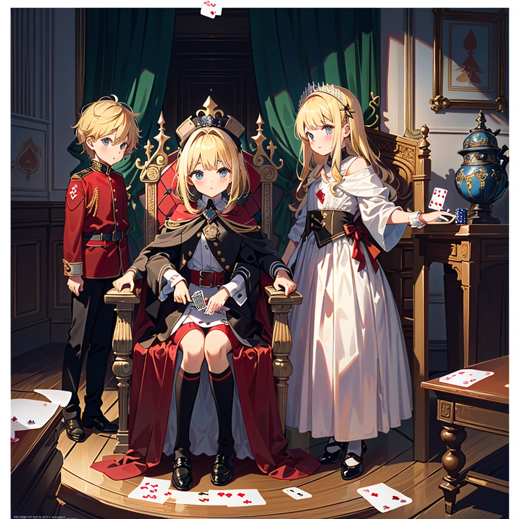 (((Masterpiece, highest quality, 8K))), Living Alice in Wonderland (Queen of Hearts Castle, Queen's Chair) ((1 girl (Alice's clothes, blonde, 5 year old girl)) Bullish expression , small, young, flat chest, round face, young, small: 1.25), (baby face), (short limbs): 1.3), from the side, (((sits in the Queen's chair in the castle of hearts, playing cards on the left and right) Soldiers line up with spears)), wide shot, full body shot