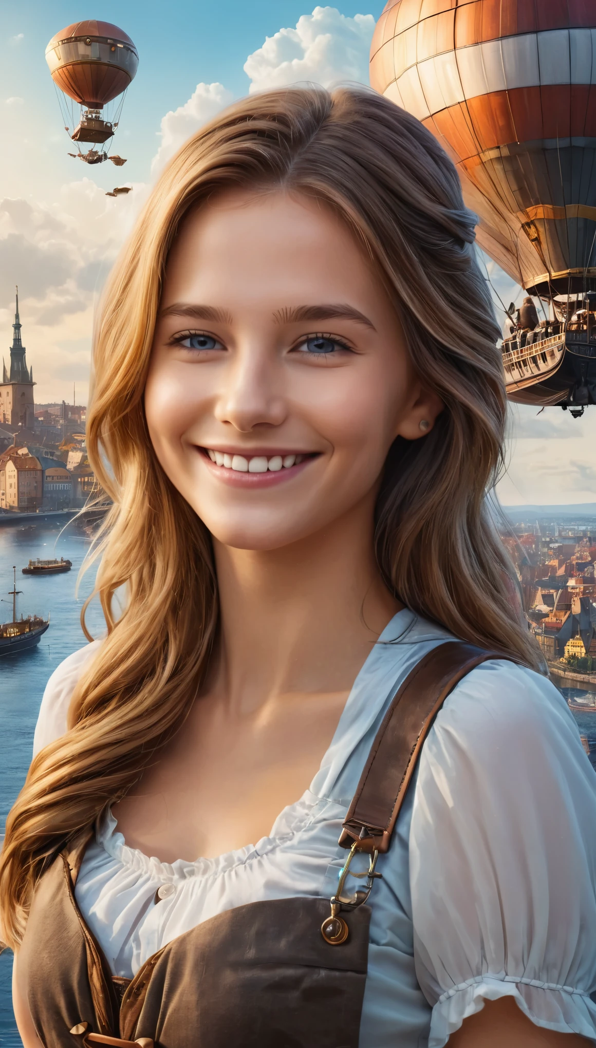 Many islands are floating in the air, A small airship is flying around, City, Fantasy, Extreme Detail, Realistic Light, A magnificent composition, (Intricate details), (Intricate Design, Super detailed :1.2), Art Station, (masterpiece, Highest quality), Ultra HD, 32K (Close-up portrait of beautiful Half Swedish girl is smiling at viewers:1.6)