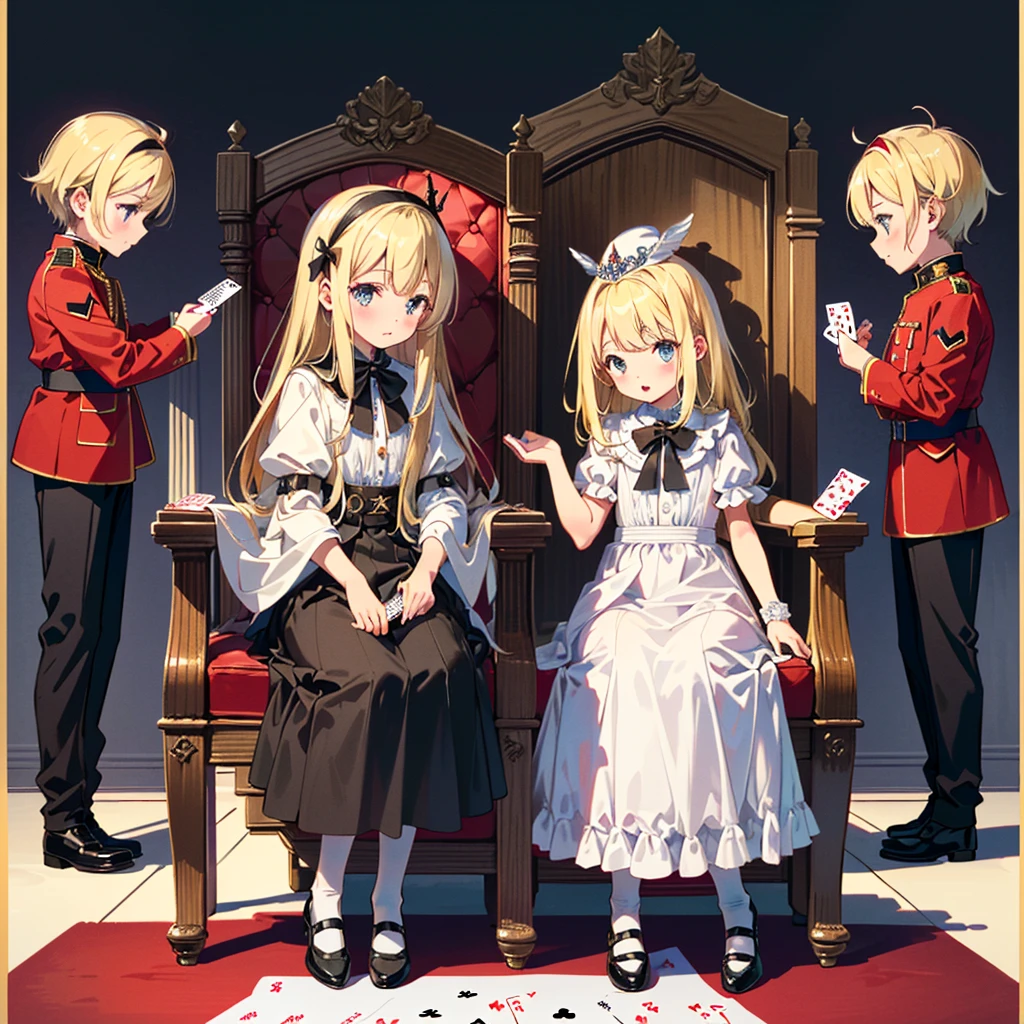 (((Masterpiece, highest quality, 8K))), Living Alice in Wonderland (Queen of Hearts Castle, Queen's Chair) ((1 girl (Alice's clothes, blonde, 5 year old girl)) Bullish expression , small, young, flat chest, round face, young, small: 1.25), (baby face), (short limbs): 1.3), from the side, (((sits in the Queen's chair in the castle of hearts, playing cards on the left and right) Soldiers line up with spears)), wide shot, full body shot,(((NSFW:1.8)))),
