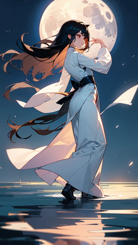 night,Moonlight reflects on the lake,There is a girl wearing a white Hanfu without any accessories by the lake.,The girl looks a little ,black hair,Waist length hair,Dance,antiquity,The sleeves are very long,The skirt is very long,The background is Chang'an City