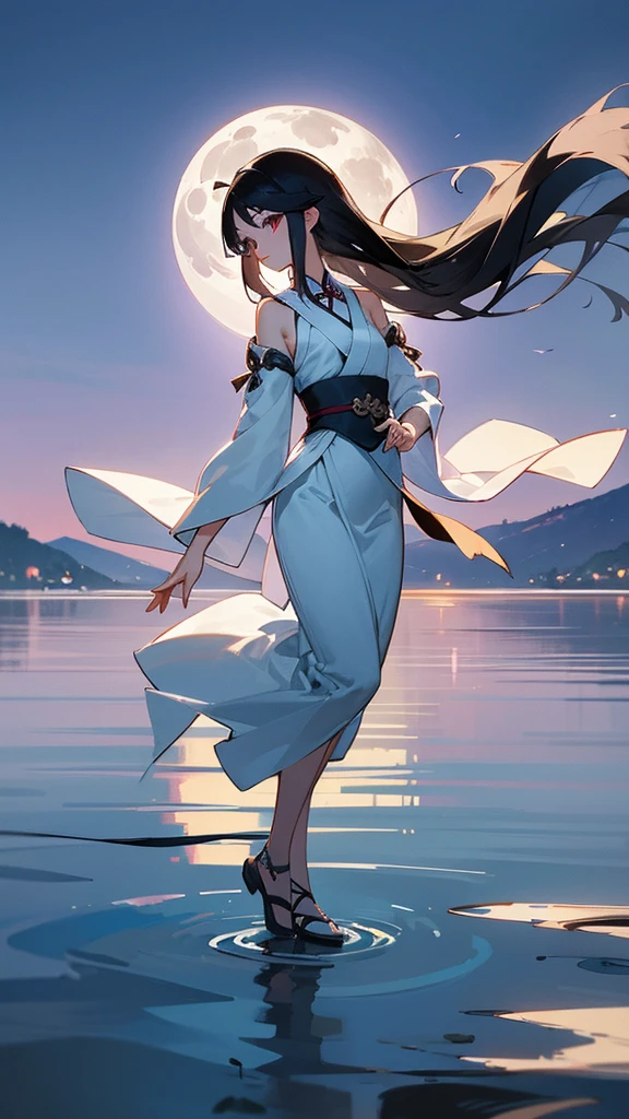 night，Moonlight reflects on the lake，There is a girl wearing a white Hanfu without any accessories by the lake.，The girl looks a little ，black hair，Waist length hair，Dance，antiquity，The sleeves are very long，The skirt is very long，The background is Chang'an City