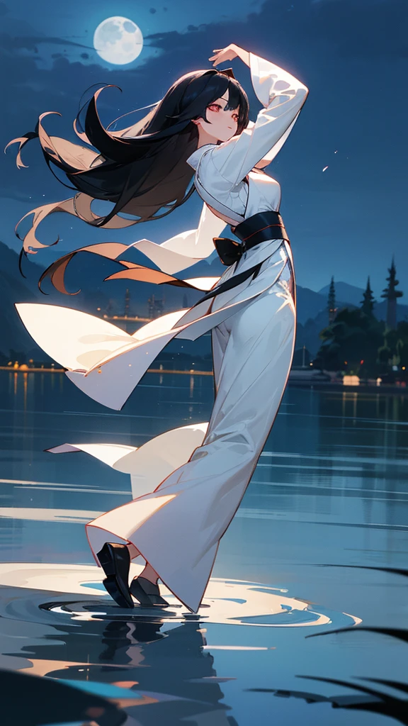 night,Moonlight reflects on the lake,There is a girl wearing a white Hanfu without any accessories by the lake.,The girl looks a little ,black hair,Waist length hair,Dance,antiquity,The sleeves are very long,The skirt is very long,The background is Chang'an City