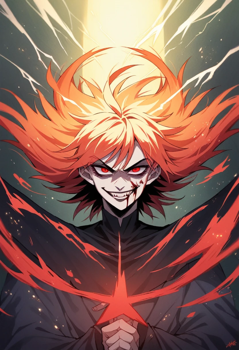 1girl, flying hair, red eyes, fire witch, blood on face, light particles, lightning rays, wallpaper, colorful, high contrast, vampire, smirk, evil smile, psychopathic smirk, psychopathic smile, tilted head, face tattoo magic rune