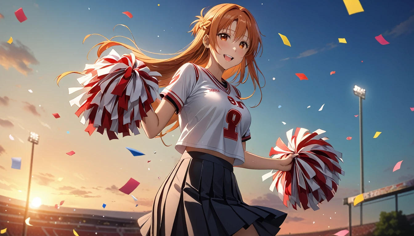 score_9, score_8_up, score_7_up, score_6_up, uncensored, Yuuki Asuna, absurdly long hair, orange eyes, orange hair, very long hair, lips, shiny skin, sweating, wet, wet hair, steaming body, heavy breathing, large breasts, detailed body, detailed eyes, seductive smile, upper teeth, happy,1girl, cheerleader, cowboy shot, pom pom \(cheerleading\), :d, pink clothing, masterpiece,best quality,highres,ultra-detailed, outdoors, dusk, confetti, pleated skirt,