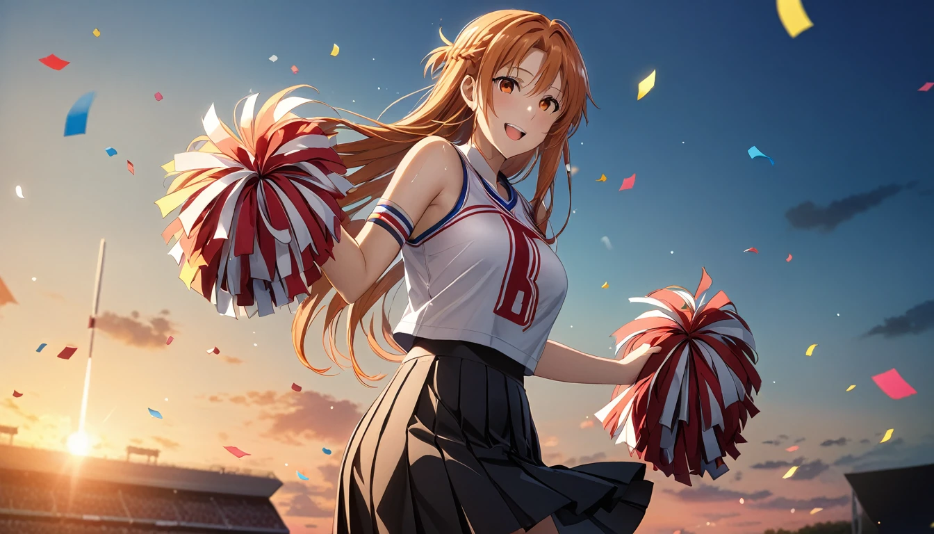 score_9, score_8_up, score_7_up, score_6_up, uncensored, Yuuki Asuna, absurdly long hair, orange eyes, orange hair, very long hair, lips, shiny skin, sweating, wet, wet hair, steaming body, heavy breathing, large breasts, detailed body, detailed eyes, seductive smile, upper teeth, happy,1girl, cheerleader, cowboy shot, pom pom \(cheerleading\), :d, pink clothing, masterpiece,best quality,highres,ultra-detailed, outdoors, dusk, confetti, pleated skirt,
